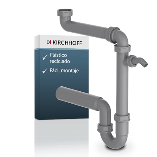 KIRCHHOFF Raumspar Siphon Küchenspüle, Abfluss für Spüle Küche aus recyceltem Kunststoff, Ablaufgarnitur mit Anschluss für Waschmaschine oder Geschirrspüler, Grau