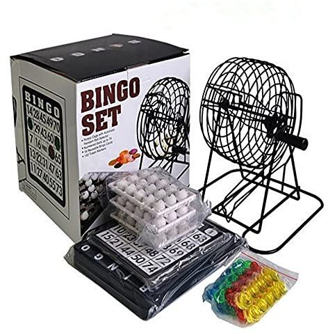 KAV Bingo-Spiel-Set mit 20,3 cm großem, rundem Metallkäfig, Kunststoff-Masterboard, 75 Bälle, Karten und Bingo-Chips für klassische, traditionelle Familienparty-Spiele, Schwarz