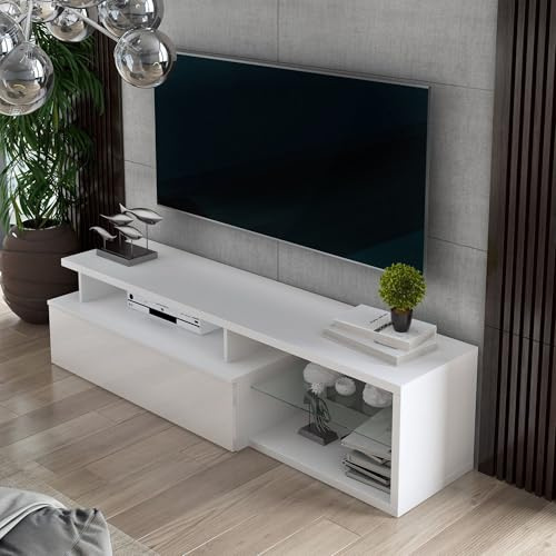 Dmora - Mobile porta TV Baltico, Credenza da soggiorno, Armadio basso per TV, Base parete attrezzata, 160x38h41 cm, Bianco e Bianco lucido