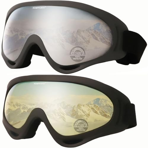 OUTDOORSPARTA 2-Pack Ski Goggles (3. Gray Frame, Clear Lens; Black Frame, Yellow Lens)