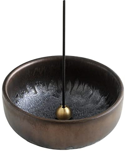 Asayu Made in Japan Zen Incense Holder for Sticks with Ash Catcher 10cm (3.9 inches) in Black and Gold, Japanese Ceramic Bowl and Brass Incense Burner - Zen Black Gold