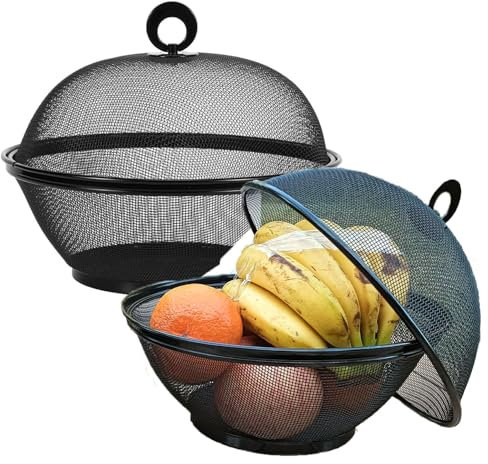 Obstkorb Mit Deckel Obstschale - Obstschale Metall Mit Deckel - Obstkorb Mit Decke - Modern Obstaufbewahrung Mit Fliegenschutz- Corbeille Fruit Panier Schwar (2 Obstkörbe + 2 Deckel; 2 Sets insgesamt)