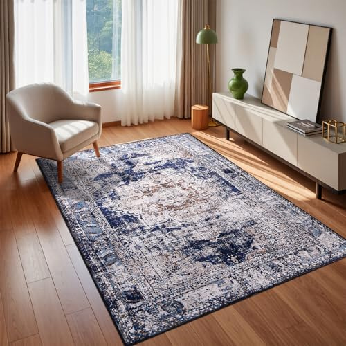 Calore Alfombras Salon, Vintage Antideslizante Alfombra de área,Alfombra de Salón Modernas Pelo Corto para Salón Dormitorio área Interior (120 * 160 cm, Retro/Azul Marino)