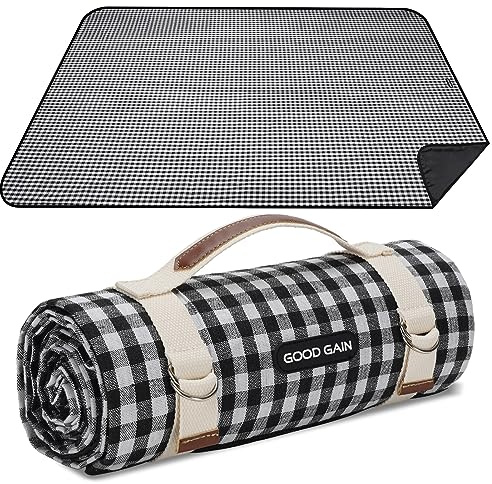 Picnic Outdoor Blankets Waterproof Extra Large - Beach Mat Sand Free Foldable with Carry Strap | Portable Camping Blanket | Park Blanket for Grass Park, Hiking, Travel, Concerts, Indoor (Black)