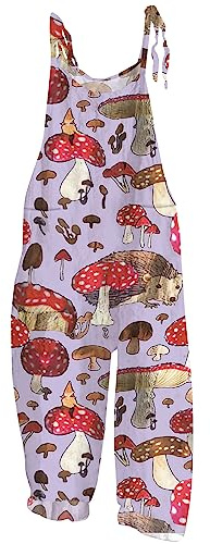 AMhomely Overalls for Women Casual Loose Dungarees Soft Cotton Linen Baggy Jumpsuit Adjustable Straps with Pockets Vintage Ethnic Floral Wide Legs Jumpsuit Playsuit Ladies Baggy Overalls Purple XXL