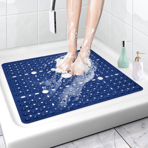 ZOKBOM Tappetino da doccia antiscivolo 70 x 70 cm: tappetino da doccia antiscivolo in PVC, comodo tappetino antiscivolo per doccia, grande asciugatura rapida, senza BPA, con ventose (blu navy