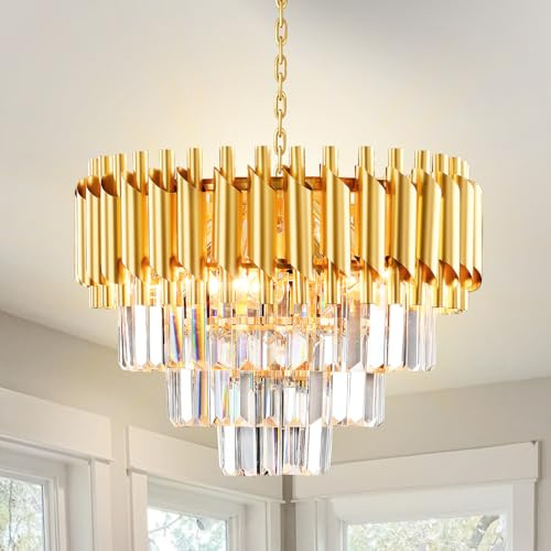 Lámpara de Araña de Cristal Moderna, Negro y Dorado Ronda de cristal colgante de iluminación, 3-Tier Raindrop Chandelier Light Fixture para la sala de estar, comedor, dormitorio, E14 x 5, D40cm