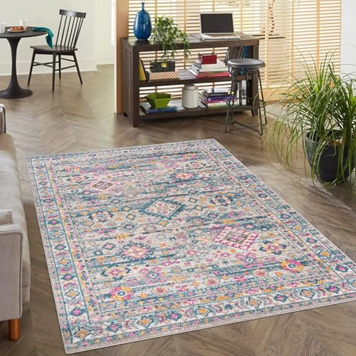 Mazovia Alfombras - Colorido Multicolor Moderno Étnico Alfombras para Salón, Dormitorio, Comedor, Despacho - Oeko-Tex - Oriental Rectángulo Alfombras Fácil de Limpiar - Gris Rosa - 140 x 200 cm