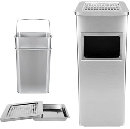 OHMG - Contenedores de basura para jardín 35L, cenicero extraíble en pie de acero inoxidable, contenedores de basura exterior con cubo interior y exterior (30 x 24 x 60 cm de plata)