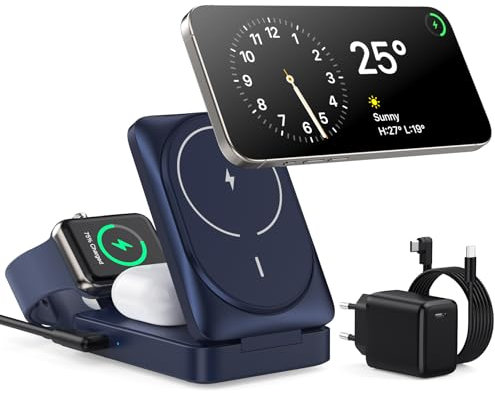 3 en 1 Chargeur sans Fil avec Mag-Safe, Station de Charge Certifié Qi2, Pliable Chargeur Induction sans Fil pour iPhone 16 15 14 13 12, Apple Watch, AirPods Pro avec Adaptateur Rapide