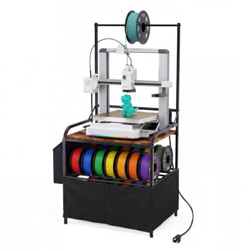 DongRong Supporto per stampante 3D con contenitore, resistente tavolo per stampante con 2 ripiani antipolvere, piedini e ruote regolabili per filamenti, organizer per carrello stampante da ufficio per