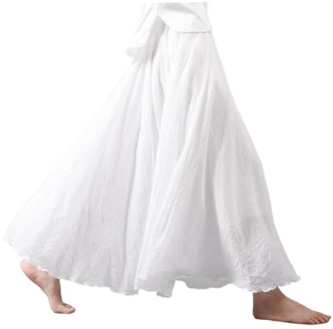 Licsaliwe Jupe Longue en Lin Blanche Style bohème plissée Coupe trapèze Double épaisseur Taille élastique Longueur 85 cm vêtement de Plage Fluide et Long pour Femme et Fille