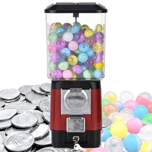 Godisautomater, myntdriven tuggummimaskin, 200 tomma bollar, 100 polletter i rostfritt stål, myntdriven tuggummibollsbank for leksakskapslar, studsbollar, godis, for spelbutiker(Red)