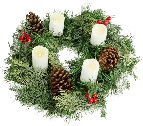 Gartenpirat Couronne de Noël artificielle Ø 40 cm avec 4 bougies LED Couronne de l'Avent décorée de pommes de pin et de baies rouges