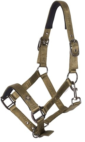 Imperial Riding Headcollar IRH-Rebel - Shiny Satin Polyester, Heavy Duty Nylon Base, Black Metal Fittings & Logo Coin Detail, Stylish Premium Halter for Stable & Willow, Olive Green, Pony