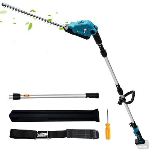 Teleskop Heckenschere Akku für Makita Akku 18V Höhe bis 2.7m 48cm Schnittbreite, Zinkenabstand 16 mm,150° winkelverstellbarer Schneidkopf (Blau Ohne Batterie)
