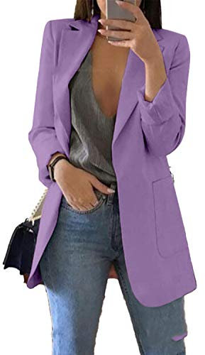 JIER Damen Elegant Langarm Blazer Sakko Einfarbig Business Slim Fit Revers Geschäft Büro Jacke Cardigan Kurz Mantel Anzüge Bolero mit Tasche (Lila,Small)