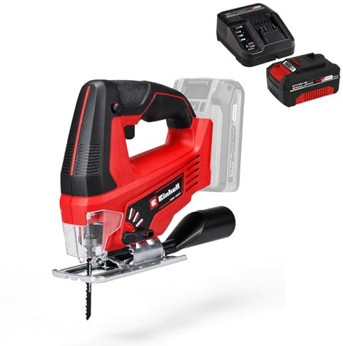 Einhell 4321209 Sega a Batteria + Power-X-Change Starter Kit, Caricabatteria e Batteria da 4000 mAh Li-Ion, Nero, Rosso