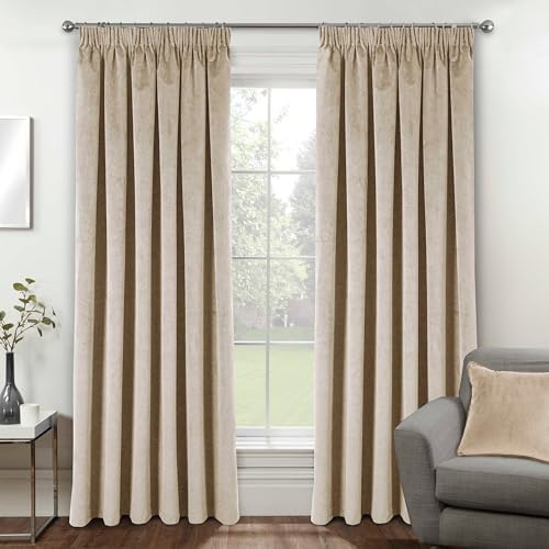 Enhanced Living Velvet Cream Thermal 100% Blackout Curtains with Tape Top - 46 x 72 Inch (117 x 183cm) - Supersoft Energy Saving & Noise Reducing Curtains for Living Room & Bedroom.