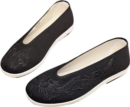 Drakebroderade Tai Chi Kampsport Kung Fu Skor Unisex Traditionella Kinesiska Gamla Beijing Tyg Skor Slip Ons Halkfri Ventilerande Gummisula Skor (Color : Black, Size : 37 EU)