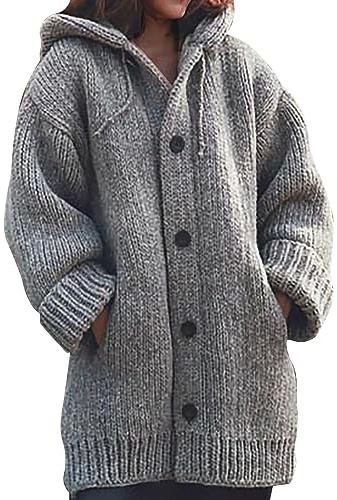 Cardigan da donna oversize - Cappotto di lana da donna lungo caldo cardigan lungo con bottoni felpa con cappuccio ispessito caldo cappotto invernale taglie grandi giacca di transizione invernale