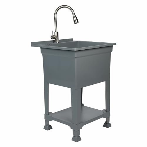 UTILITYSINKS Évier utilitaire compact autoportant de 61 cm avec drain à connexion rapide et rangement pratique sous lavabo, gris..