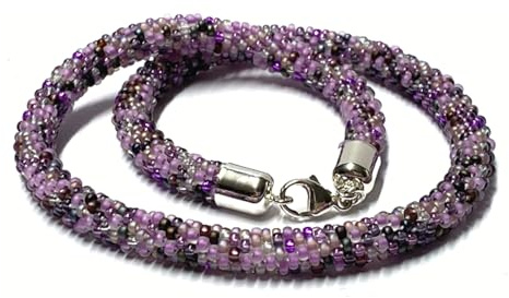 Halskette gehäkelt Glasperlen 925 Silber Schließe Handarbeit Unikatschmuck Häkelkette 41cm rosa lila
