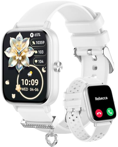 Erkwei Smartwatch dam 1,85 tum smartklocka med samtal 100+ sport fitness tracker med stegräknare sömn pulsmätare meddelanden meddelanden digital klocka för iOS Android vit