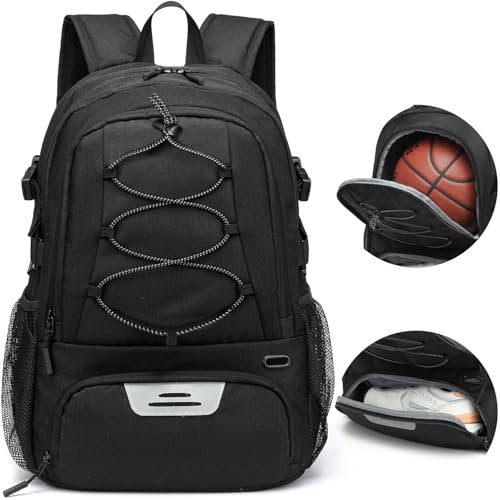 TAIHOYIN Basketball Rucksack Fussballtasche Fußball Rucksack mit Schuhfach & Ballfach 35L Gym Sportrucksack Herren für Basketball, Fußball, Volleyball, Fitnessstudio, Schwarz
