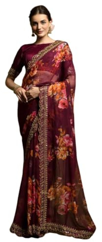 KULIA® Saree för kvinnor med osömd blus Traditionell klädsel Etnisk eldbroderi Lila Bollywoodstil Georgette Saree Indiska klädsel Saree Damklänning Traditionell Saree Etniska presenter