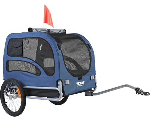 VEVOR Dog Bike Trailer, Supports up to 100 lbs, Pet Cart Bicycle Carrier, Easy Folding Frame with Quick Release Wheels, Universal Bicycle Coupler, Reflectors, Flag, Collapsible to Store, Blue/Black
