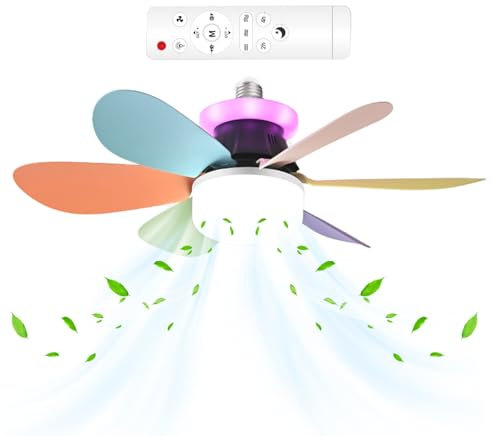 Ventilador de Techo Inteligente con Luz LED RGB | Lámpara Regulable Silenciosa con 3 Velocidades | Bombilla Extraíble E27 de Bajo Consumo para Dormitorio, Sala, Habitación Infantil y Oficina