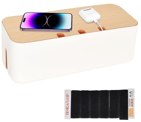 Caja Organizadora de Cables con Tapa de Bambú, Organizador para Caja de Gestión de Cables, con Tapa de Bambú para Oculta y Recoge Cables y Regletas