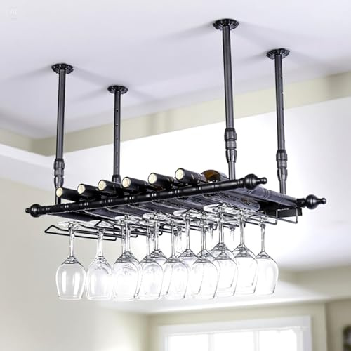 YTLEMON Soportes para Copas Colgante, Altura Ajustable Techo Botellero, Metal Porta Bottiglie da Vino Soporte de Copas Sostenedor para Barra Bar/Club/Armarios para Vino (BK, 80 * 30cm)