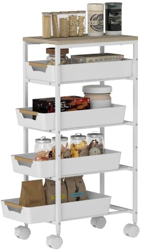 HOMCOM Desserte Cuisine 5 Niveaux, Chariot de Service, Chariot de Rangement à roulettes avec 4 tiroirs coulissants, étagère de Rangement, pour Salon, Cuisine, Salle à Manger, Salle de Bain, Blanc