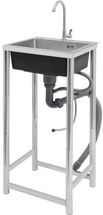 Évier autoportant en acier inoxydable 304 | 45 x 40 x 22 cm bassin simple avec robinet et drain | Charge maximale 50 kg, revêtement anti-condensation | Pour gastronomie, camping, garage | Accessoires