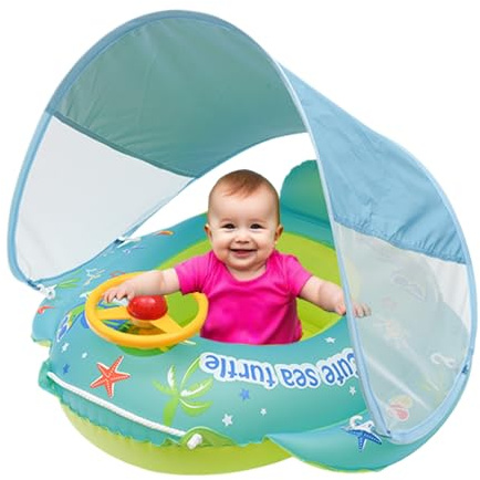 Bouee Piscine Bebe avec Pare Soleil, Flotteur De Piscine pour Bébé avec Volant Bouée de Natation pour Les Bebe à partir de 1 an, 70x70cm