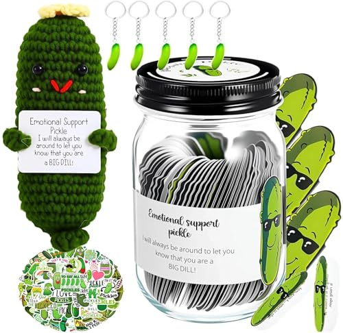 60 Positive Affirmation Pickle Cards Jar with Positive Crochet Pickle Plush Toys, 50 Positive Stickers and 5 Keychain, Christmas Gifts for Coworkers, Teachers, Bosses, Friends