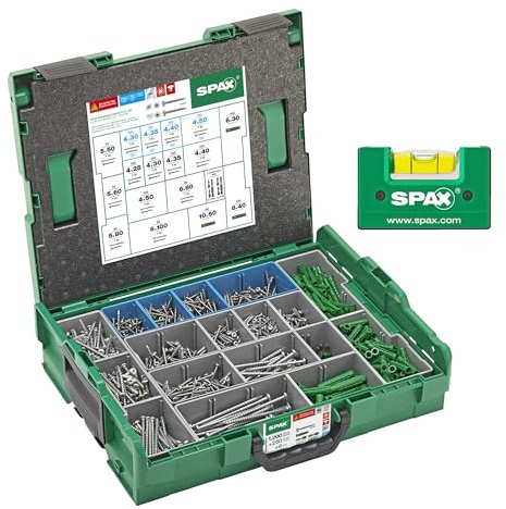 SPAX Valigetta di montaggio per elettricista, L-BOXX grande, 1.200 viti a testa semicircolare in 14 misure, WIROX A9J e acciaio inox A2, 250 tasselli, 6 T-STAR + punte e livella a bolla