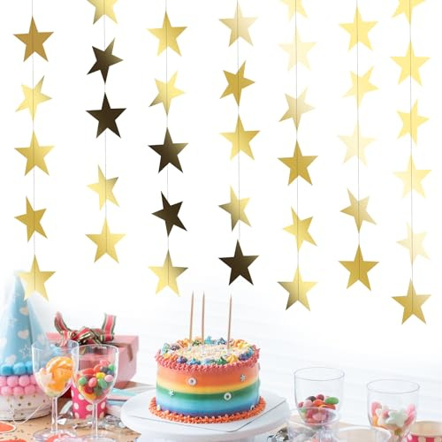 TIESOME 5 serpentinas de estrella, 65 pies en total, guirnalda de estrellas doradas reflectantes de doble cara con purpurina, banderines de papel, serpentinas colgantes de estrellas brillantes para