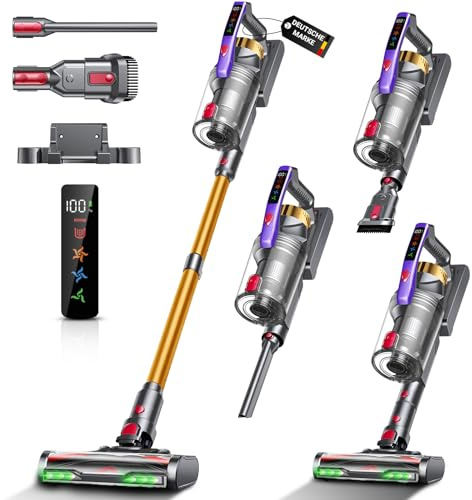 Akku Staubsauger Kabellos, 58KPa/550W/50Mins Akkustaubsauger mit LED-Display und Anti Tangle Bürste, 1,8L Kabelloser Staubsauger, Vacuum Cleaner für Tierhaare/Teppiche/Hartböden/Auto, Grau & Gold