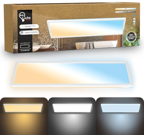 B.K.Licht - Panel LED plano con mando a distancia, regulable, iluminación indirecta, CCT ajustable de luz cálida a luz diurna, IP44, plafon led techo baño, lámpara techo, salón, 58x20x3 cm, blanco