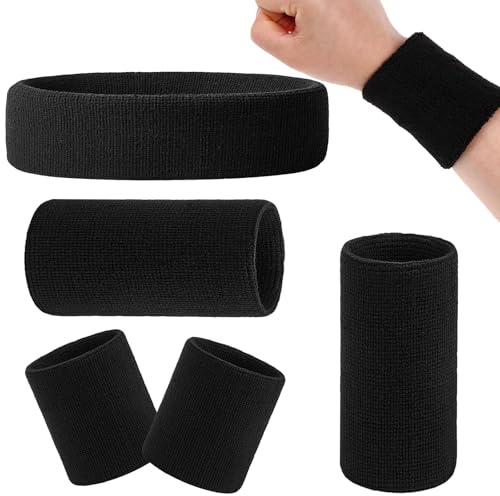 MINGBOLIN 5er Set Schweißbänder 2X Handgelenk 8x8cm 2X Handgelenk 8x15cm 1x Sportstirnband Schweißband Handgelenk Wristband, Stirnband, Atmungsaktiv, für Sport, Fitness, Laufen, Yoga (Schwarz)