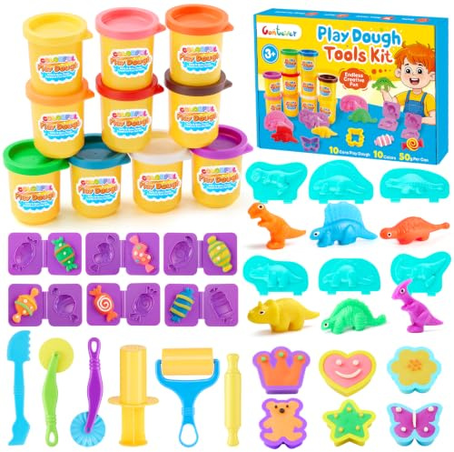 Contever Play Dough Tools Kit for Kids, 10 x 50g Non-Toxic Colorful Dough, Dinosaur & Candy Molds, Extruder & Dough Cutting Tools, Creative Modelling Clay Craft Set Gift for Boys Girls Age 3+