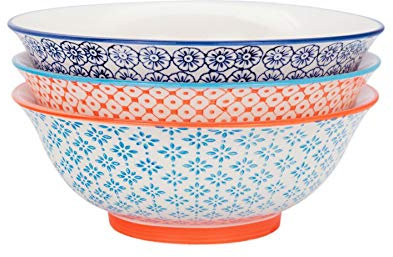 Nicola Spring Patterned Serving Bowl - 3 Colours - 21.5cm - Pack of 3 - Hand Printed Japanese Style Porcelain Snack Bowls for Dessert, Pasta, Cereal, Salad, Noodles, Soup