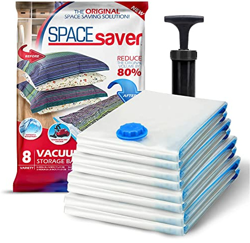 Spacesaver Vacuum Storage Bags with Hand Pump - Vacuum Seal Bags for Clothing, Comforters, Blankets - Reusable Compression Bags for Travel, Moving, Organization - 2S, 2M, 2L, 2XL Sizes - Pack of 8