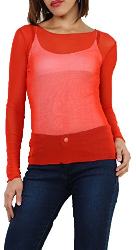 Miss Rouge: Camiseta de malla, redecilla, Top de voile transparente, Talla única 36-40, rojo, Talla única