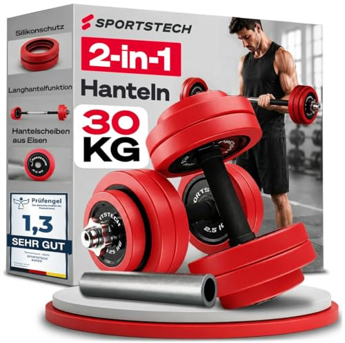 Sportstech AH300, Hanteln Set, 20 kg-30 kg, 2in1 Kurzhanteln und Langhantel Set, verstellbar, mit Silikonüberzug, Gewichte Hantelset für Zuhause, Krafttraining, Fitness Home