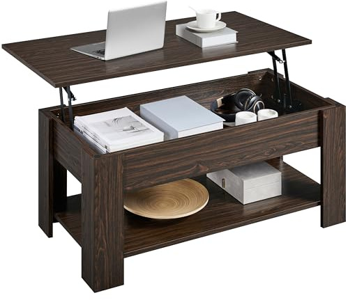 Yaheetech Tavolino da Caffè sollevabile Tavolo Moderno Elevabile da Salotto Divano Caffè con Ripiano Inferiore 98 x 50 x 42-56 cm Marrone