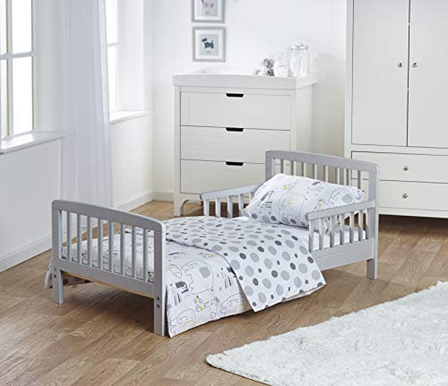 Kinder Valley Complete 7 Piece Kids Grey Toddler Beds Bundle with Kinder Flow Mattress and Safari Friends Reversible Bedding | Junior Bed and Children's Bed